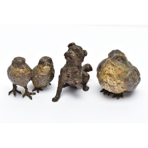 309 - THREE EARLY 20TH CENTURY COLD PAINTED BRONZE FIGURES, comprising a group of two small birds, height ... 