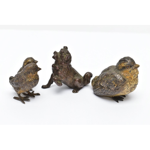 309 - THREE EARLY 20TH CENTURY COLD PAINTED BRONZE FIGURES, comprising a group of two small birds, height ... 