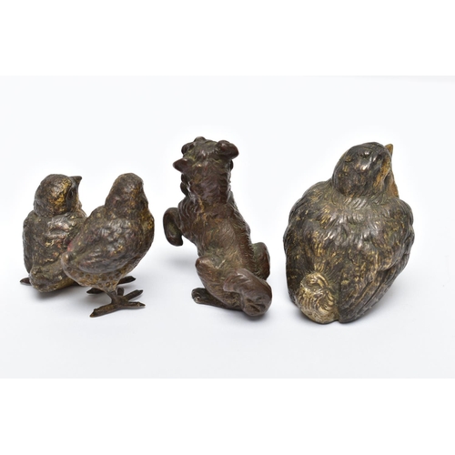 309 - THREE EARLY 20TH CENTURY COLD PAINTED BRONZE FIGURES, comprising a group of two small birds, height ... 