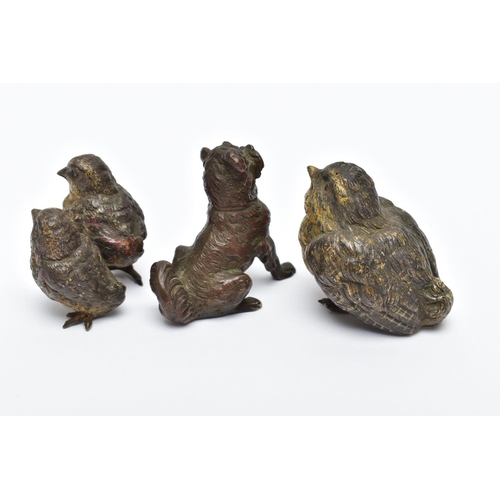 309 - THREE EARLY 20TH CENTURY COLD PAINTED BRONZE FIGURES, comprising a group of two small birds, height ... 