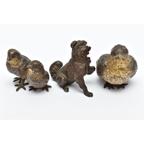 309 - THREE EARLY 20TH CENTURY COLD PAINTED BRONZE FIGURES, comprising a group of two small birds, height ... 