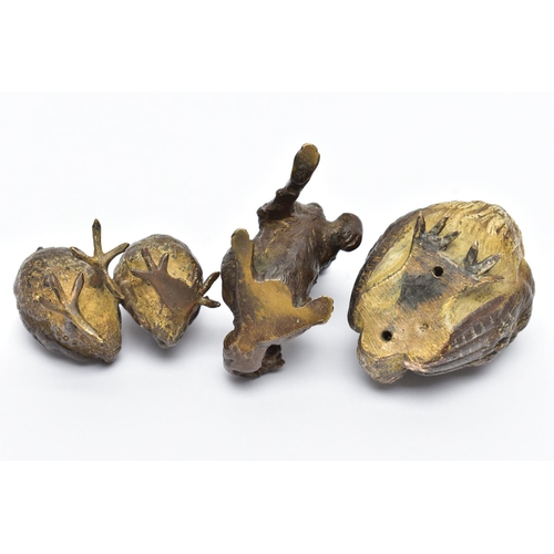 309 - THREE EARLY 20TH CENTURY COLD PAINTED BRONZE FIGURES, comprising a group of two small birds, height ... 