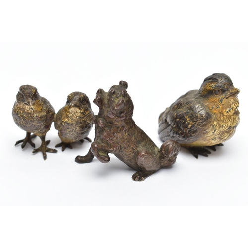 309 - THREE EARLY 20TH CENTURY COLD PAINTED BRONZE FIGURES, comprising a group of two small birds, height ... 