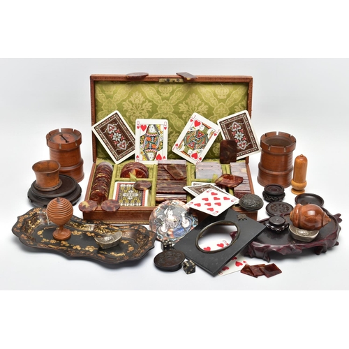 311 - A MID 20TH CENTURY LEATHER CASED GAMING SET AND A BOX OF ASSORTED TREEN COLLECTABLES, ETC, the toole... 