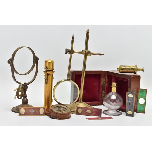 312 - A VICTORIAN WALNUT CASED MAW OF LONDON BRASS AND GLASS BREAST PUMP AND A SMALL QUANTITY OF OTHER SCI... 