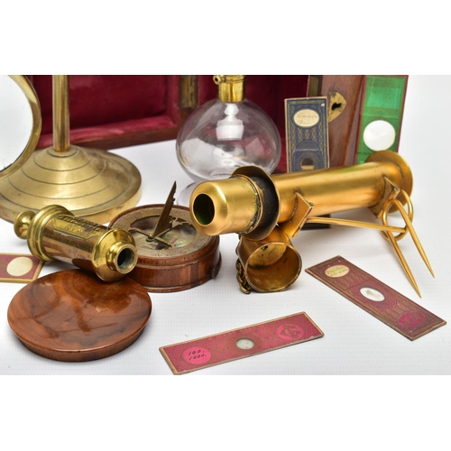 312 - A VICTORIAN WALNUT CASED MAW OF LONDON BRASS AND GLASS BREAST PUMP AND A SMALL QUANTITY OF OTHER SCI... 