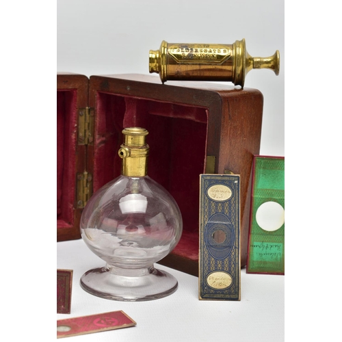 312 - A VICTORIAN WALNUT CASED MAW OF LONDON BRASS AND GLASS BREAST PUMP AND A SMALL QUANTITY OF OTHER SCI... 