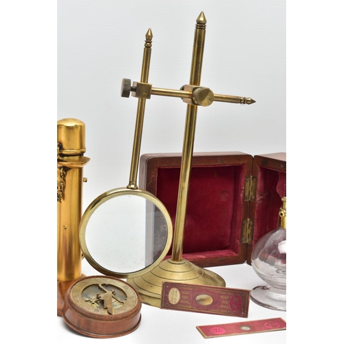 312 - A VICTORIAN WALNUT CASED MAW OF LONDON BRASS AND GLASS BREAST PUMP AND A SMALL QUANTITY OF OTHER SCI... 