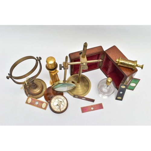 312 - A VICTORIAN WALNUT CASED MAW OF LONDON BRASS AND GLASS BREAST PUMP AND A SMALL QUANTITY OF OTHER SCI... 