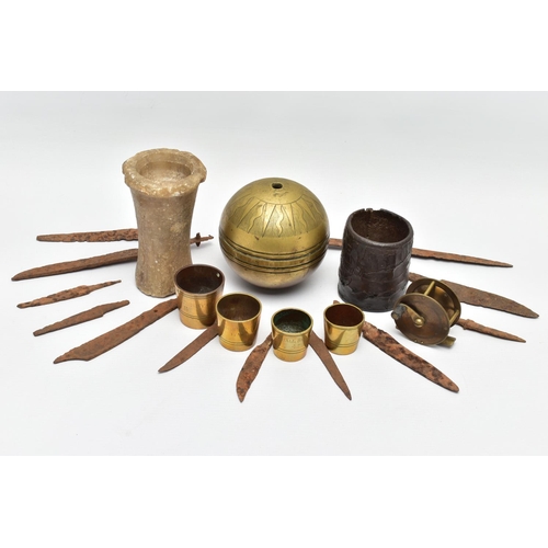 313 - A BOX OF CURIOS AND COLLECTABLES, comprising a bronze sphere etched with a sun design to the top and... 