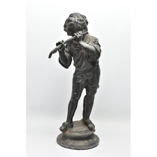 314 - A LATE 19TH / EARLY 20TH CENTURY CAST LEAD GARDEN FIGURE OF A BOY PLAYING A FLUTE, standing on a cir... 