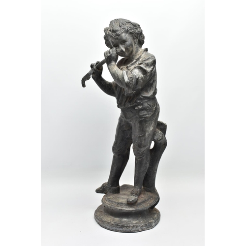 314 - A LATE 19TH / EARLY 20TH CENTURY CAST LEAD GARDEN FIGURE OF A BOY PLAYING A FLUTE, standing on a cir... 