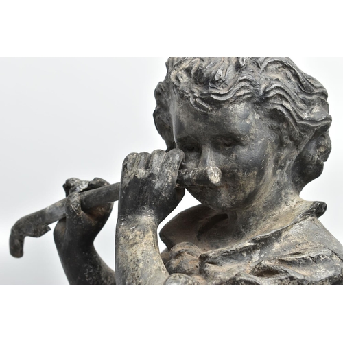 314 - A LATE 19TH / EARLY 20TH CENTURY CAST LEAD GARDEN FIGURE OF A BOY PLAYING A FLUTE, standing on a cir... 