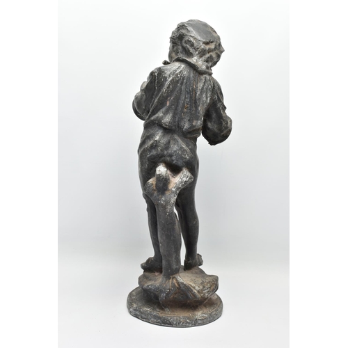 314 - A LATE 19TH / EARLY 20TH CENTURY CAST LEAD GARDEN FIGURE OF A BOY PLAYING A FLUTE, standing on a cir... 