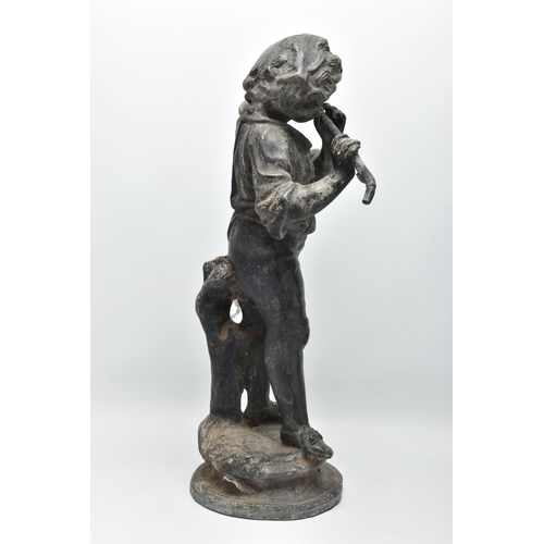 314 - A LATE 19TH / EARLY 20TH CENTURY CAST LEAD GARDEN FIGURE OF A BOY PLAYING A FLUTE, standing on a cir... 