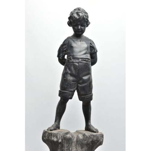 315 - AN EARLY 20TH CENTURY HOLLOW CAST LEAD FIGURAL BIRD BATH, modelled as a boy standing on a tree trunk... 