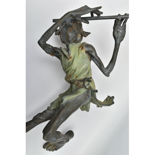 317 - A BRONZE HOBLINS GARDEN SCULPTURE OF PIP, by Julian Jeffery, the goblin modelled as playing a flute ... 