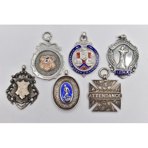 102 - SIX PREDOMINANTLY SILVER FOB MEDALLIONS, to include a late 19th century silver medallion, hallmarked... 