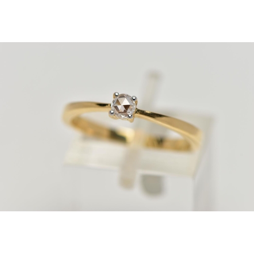 105 - AN 18CT GOLD DIAMOND SINGLE STONE RING, a rose cut diamond approximately 0.10ct, colour assessed H-I... 