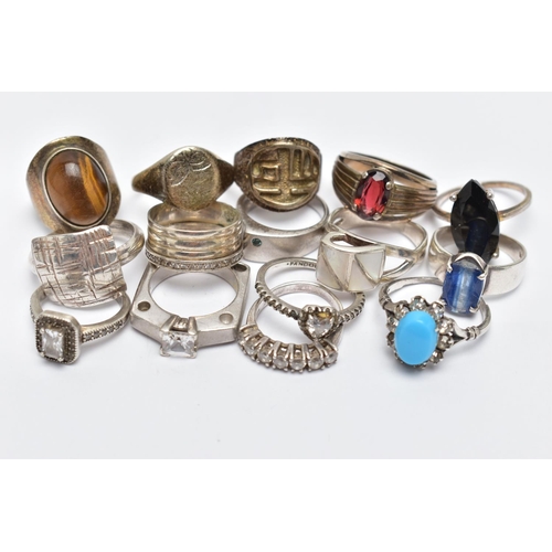 111 - A SELECTION OF SILVER AND WHITE METAL RINGS, to include a silver colour treated greenish blue diamon... 
