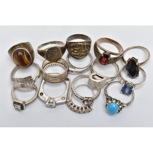 111 - A SELECTION OF SILVER AND WHITE METAL RINGS, to include a silver colour treated greenish blue diamon... 