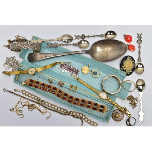 116 - A BAG OF ASSORTED ITEMS, to include a yellow metal paste set bracelet, two ladies gold plated wristw... 