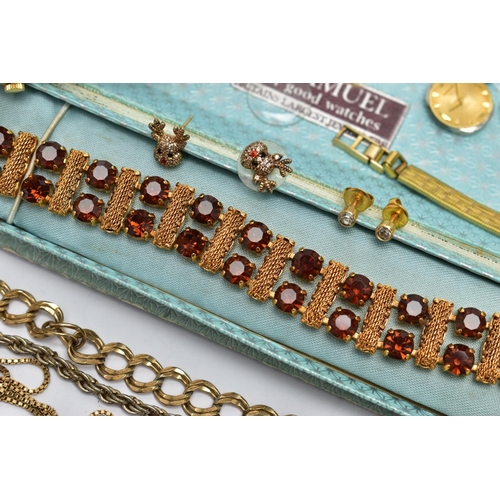 116 - A BAG OF ASSORTED ITEMS, to include a yellow metal paste set bracelet, two ladies gold plated wristw... 