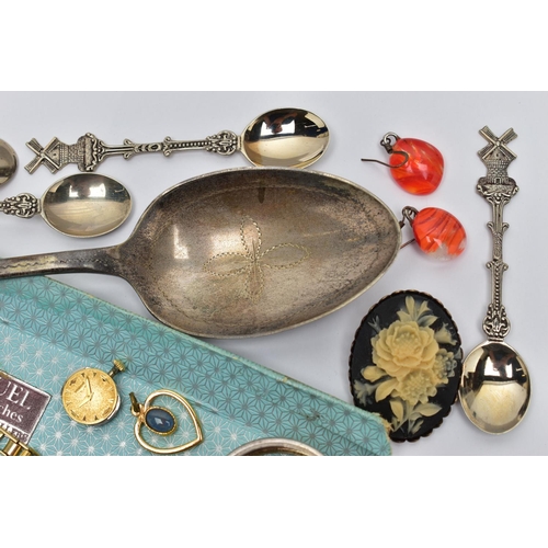 116 - A BAG OF ASSORTED ITEMS, to include a yellow metal paste set bracelet, two ladies gold plated wristw... 