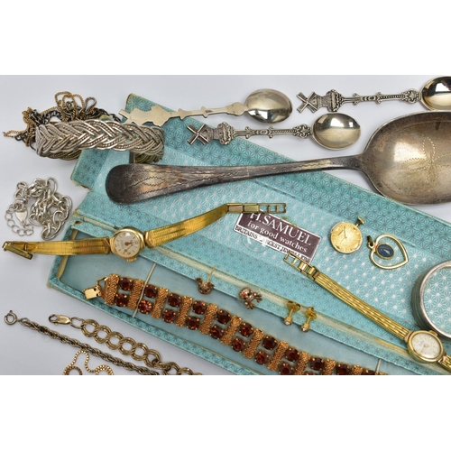 116 - A BAG OF ASSORTED ITEMS, to include a yellow metal paste set bracelet, two ladies gold plated wristw... 