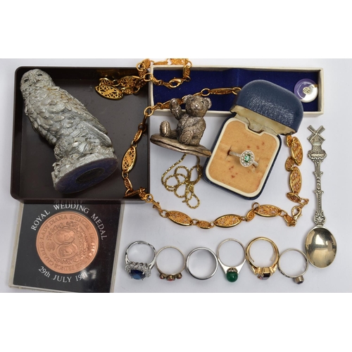 117 - A BAG OF ASSORTED ITEMS, to include a silver filled owl figurine, hallmarked Birmingham and stamped ... 
