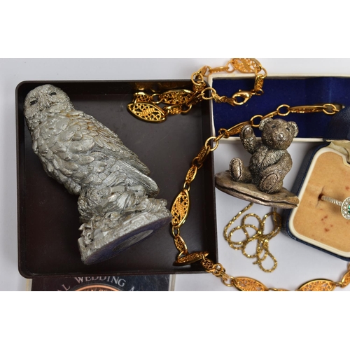 117 - A BAG OF ASSORTED ITEMS, to include a silver filled owl figurine, hallmarked Birmingham and stamped ... 