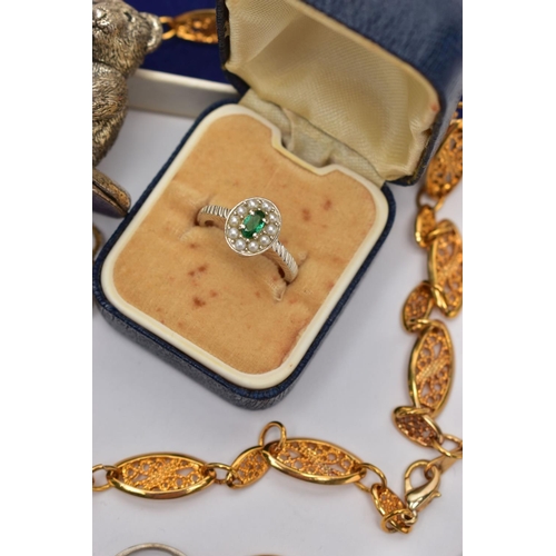 117 - A BAG OF ASSORTED ITEMS, to include a silver filled owl figurine, hallmarked Birmingham and stamped ... 