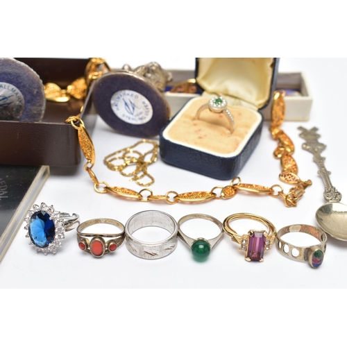 117 - A BAG OF ASSORTED ITEMS, to include a silver filled owl figurine, hallmarked Birmingham and stamped ... 