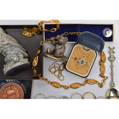 117 - A BAG OF ASSORTED ITEMS, to include a silver filled owl figurine, hallmarked Birmingham and stamped ... 