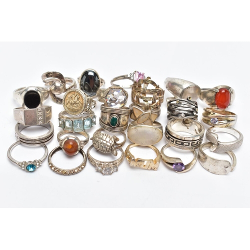 118 - A BAG OF SILVER AND WHITE METAL RINGS, to include a silver Greek key pattern band with swivel centre... 