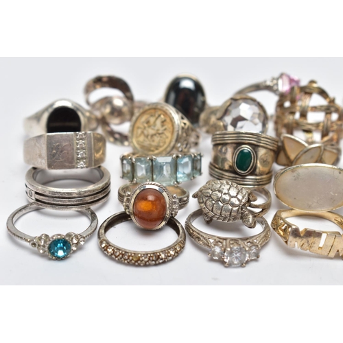 118 - A BAG OF SILVER AND WHITE METAL RINGS, to include a silver Greek key pattern band with swivel centre... 