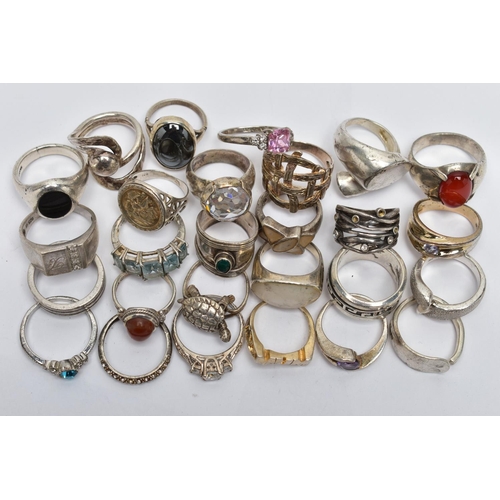 118 - A BAG OF SILVER AND WHITE METAL RINGS, to include a silver Greek key pattern band with swivel centre... 