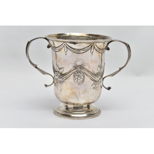 119 - A GEORGE III SILVER LOVING CUP, bell shape body with embossed and chased floral and swag design with... 