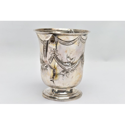119 - A GEORGE III SILVER LOVING CUP, bell shape body with embossed and chased floral and swag design with... 
