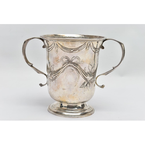 119 - A GEORGE III SILVER LOVING CUP, bell shape body with embossed and chased floral and swag design with... 