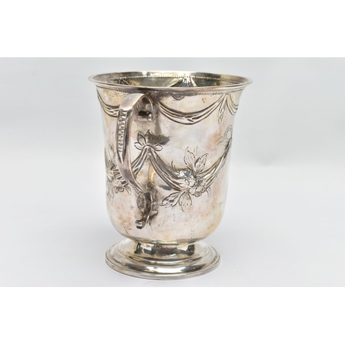 119 - A GEORGE III SILVER LOVING CUP, bell shape body with embossed and chased floral and swag design with... 