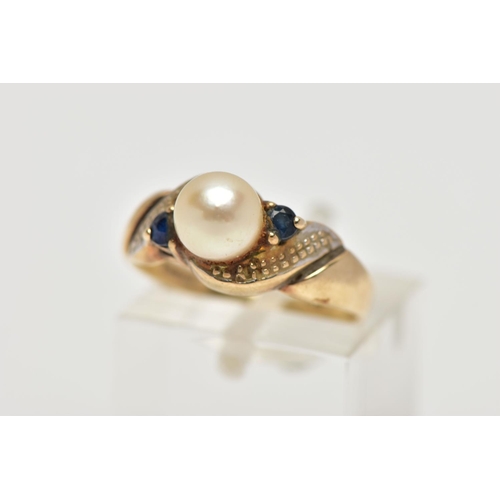 16 - A 9CT GOLD CULTURED PEARL AND SAPPHIRE DRESS RING, the cultured pearl, with asymmetric set circular ... 