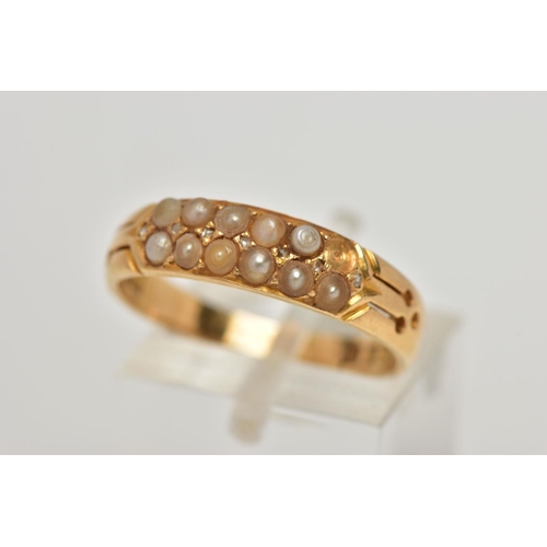 2 - A LATE VICTORIAN 18CT GOLD SEED PEARL RING, designed with two rows of split seed pearls (one is miss... 