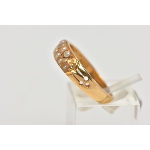 2 - A LATE VICTORIAN 18CT GOLD SEED PEARL RING, designed with two rows of split seed pearls (one is miss... 