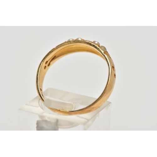 2 - A LATE VICTORIAN 18CT GOLD SEED PEARL RING, designed with two rows of split seed pearls (one is miss... 