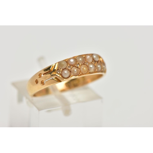 2 - A LATE VICTORIAN 18CT GOLD SEED PEARL RING, designed with two rows of split seed pearls (one is miss... 