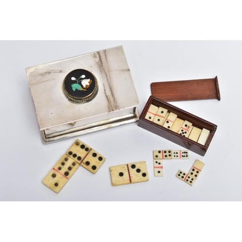 35 - TWO SETS OF MINIATURE DOMINOES, the first designed as a white metal hinged case, with a circular Pie... 