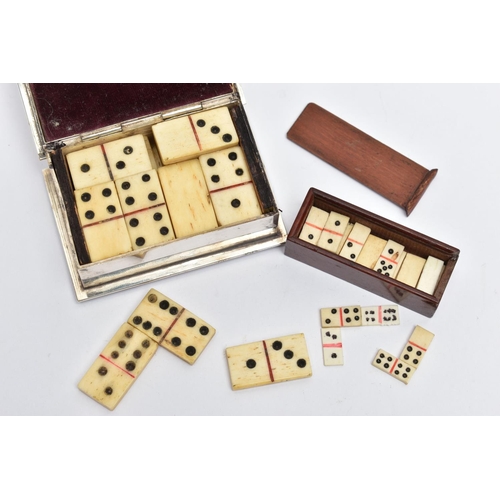 35 - TWO SETS OF MINIATURE DOMINOES, the first designed as a white metal hinged case, with a circular Pie... 