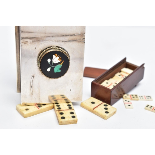 35 - TWO SETS OF MINIATURE DOMINOES, the first designed as a white metal hinged case, with a circular Pie... 