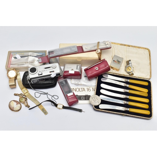 48 - A BOX OF ASSORTED ITEMS, to include a ladies yellow metal wristwatch, AF round discoloured silver di... 
